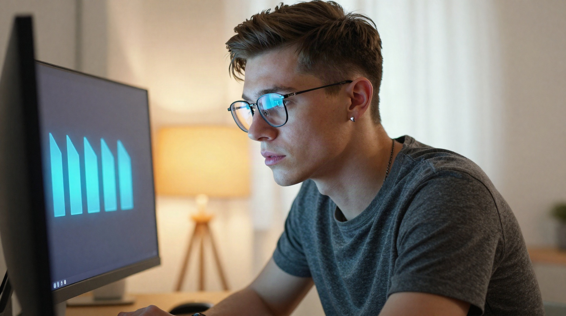 Мужчина в очках смотрит на монитор с изображением ключа активации Windows в темном кабинете.